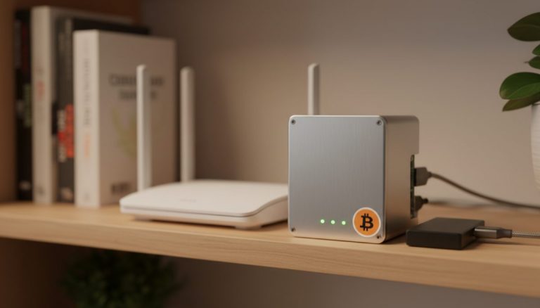 Self-sovereign Bitcoin node setup with compact device on wooden shelf next to home router