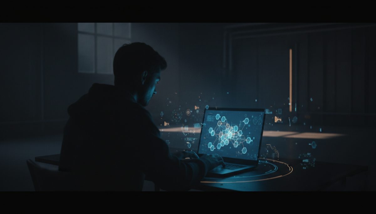 Silhouetted figure reviewing Bitcoin transaction privacy on laptop with blockchain visualization