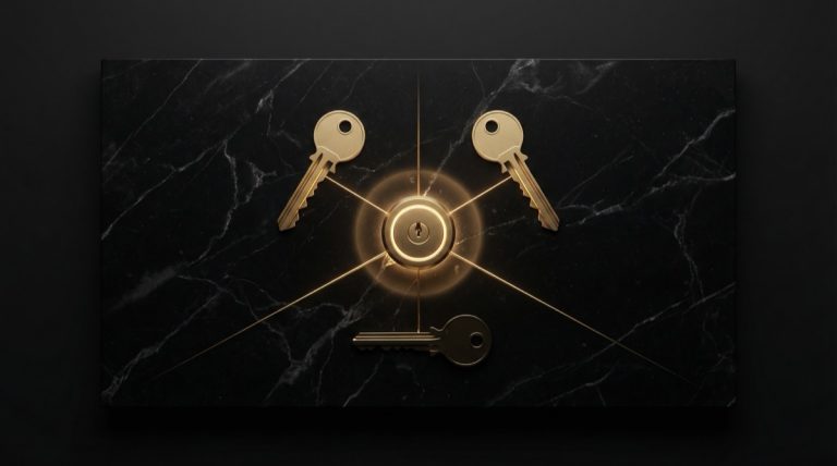 Three brass keys on dark marble connected to central lock representing 2-of-3 multisig