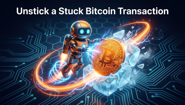 3D robot boosting a glowing Bitcoin coin out of cracking ice — fee-bumping a stuck transaction